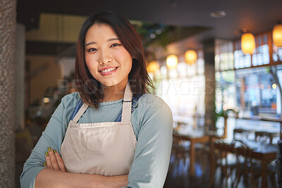 Buy stock photo Portrait, happy asian woman or restaurant entrepreneur in small business with arms crossed for professional service. Cafeteria server, coffee shop waitress or confident manager working in hospitality