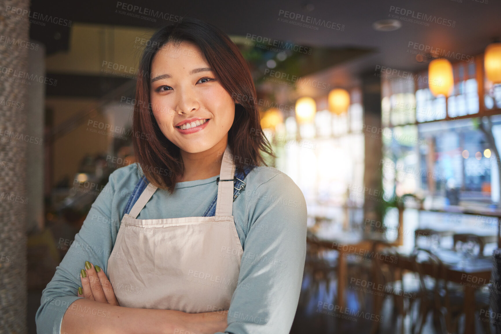 Buy stock photo Portrait, happy asian woman or restaurant entrepreneur in small business with arms crossed for professional service. Cafeteria server, coffee shop waitress or confident manager working in hospitality