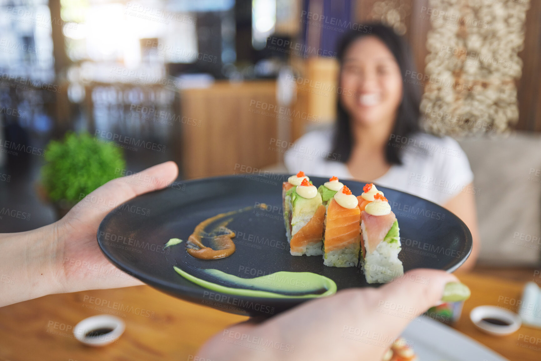 Buy stock photo Sushi restaurant, people and waiter hands serving food plate, order or fish product for diner, cafeteria or shop customer. Startup small business, server and closeup person with lunch meal for client