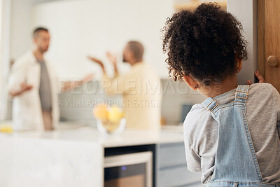 Buy stock photo Lgbt, divorce and girl child watching gay parents argue in kitchen with stress, worry or fear in their home. Family, crisis and homosexual men dispute foster kid custody, affair or conflict in house