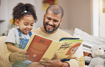 Buy stock photo Dad, girl and book on sofa with bonding, smile and love in storytelling in living room together. Happiness, father and daughter reading story on couch for fantasy, learning and education in home fun.