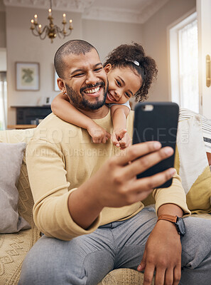 Buy stock photo Home, father and girl with a smile, selfie and social media with connection, family and loving together. People, parent and female child on a couch, profile picture and memory with happiness and love