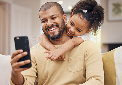 Buy stock photo Home, father and girl with a smile, selfie and hug with social media, family and loving together. Embrace, parent or female child on a sofa, profile picture or memory with love or bonding in a lounge