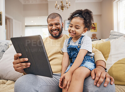 Buy stock photo Happy, movie and a child with a father and tablet for a cartoon, film and streaming games. Smile, family and a dad with a girl kid and gesture to technology for a show or social media in a house