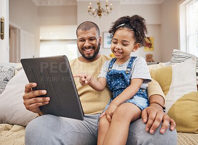 Buy stock photo Happy, pointing and a child with a father and tablet for a cartoon, movie and streaming games. Smile, family and a dad with a girl kid and gesture to technology for a show or social media in a house