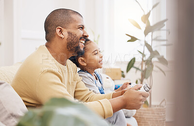 Buy stock photo Controller, video game and father with girl on sofa for playing, bond and fun gaming at home together. Love, smile and happy parent with child in living room for esports, console or learning in house