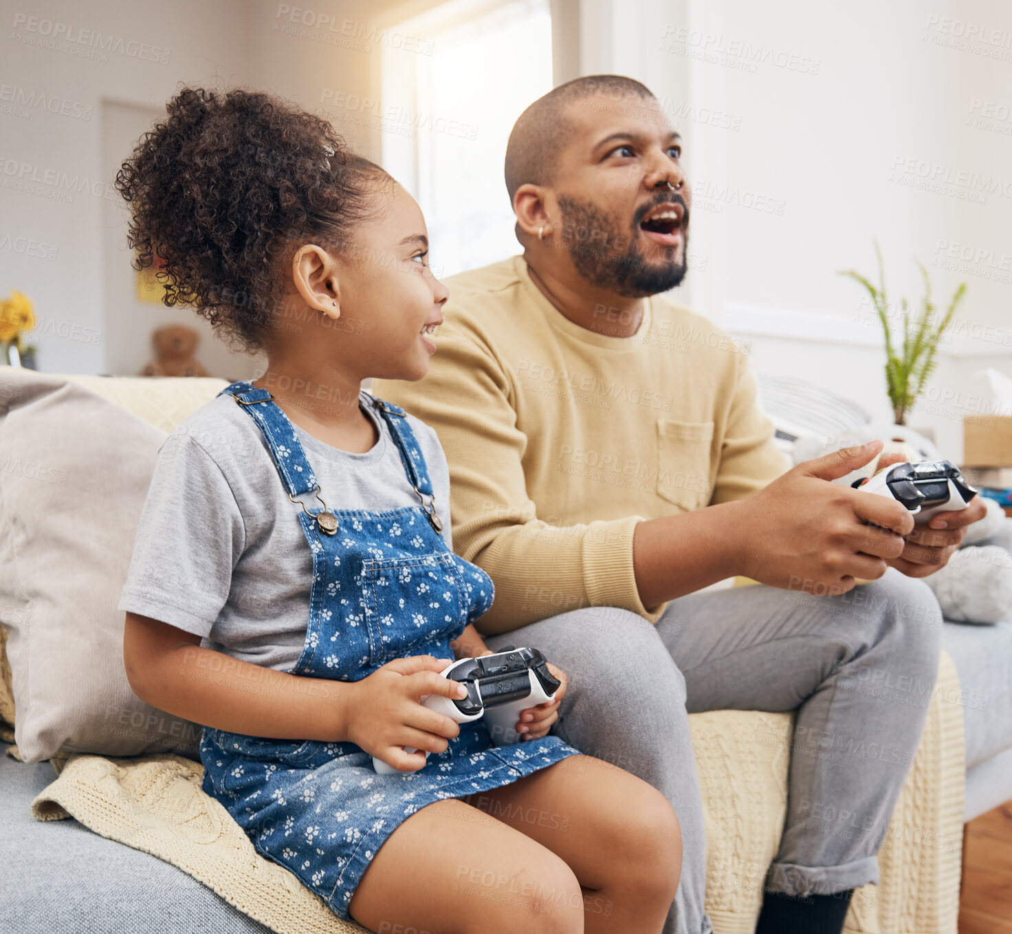 Buy stock photo Father, daughter and gaming controller on sofa with challenge, press and competition for bonding in house. Man, girl child and playful with esports, contest and strategy with thinking in family home