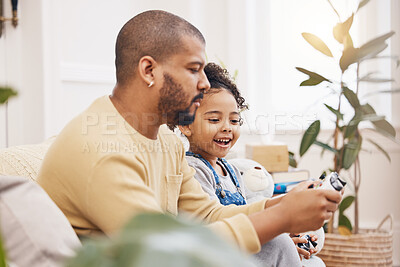 Buy stock photo Video game, controller and father with girl on sofa for playing, bond and fun gaming at home together. Love, smile and parent with child in living room for esports, console or learning games in house