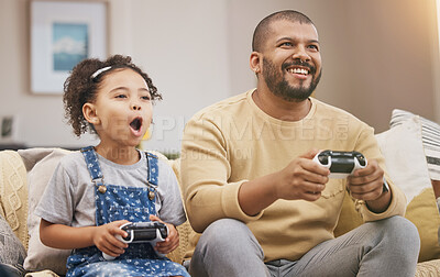 Buy stock photo Father, girl and gaming controller on sofa with challenge, shout and wow in competition, bonding and house. Man, daughter and excited with esports, contest and strategy with thinking in family home