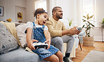 Dad, girl and video game controller on sofa with challenge, shout and wow in competition, bonding and house. Man, daughter and excited with esports, contest and strategy with thinking in family home