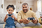 Happy, portrait and a father and child gaming on the sofa for care, bonding or competition. Smile, family and a girl kid playing games with a dad on the home couch together for learning or winning