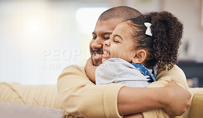 Buy stock photo Smile, love and girl hugging her father while relaxing on a sofa in the living room together. Happy, care and child bonding, embracing and sitting with her young dad in the lounge of their home.