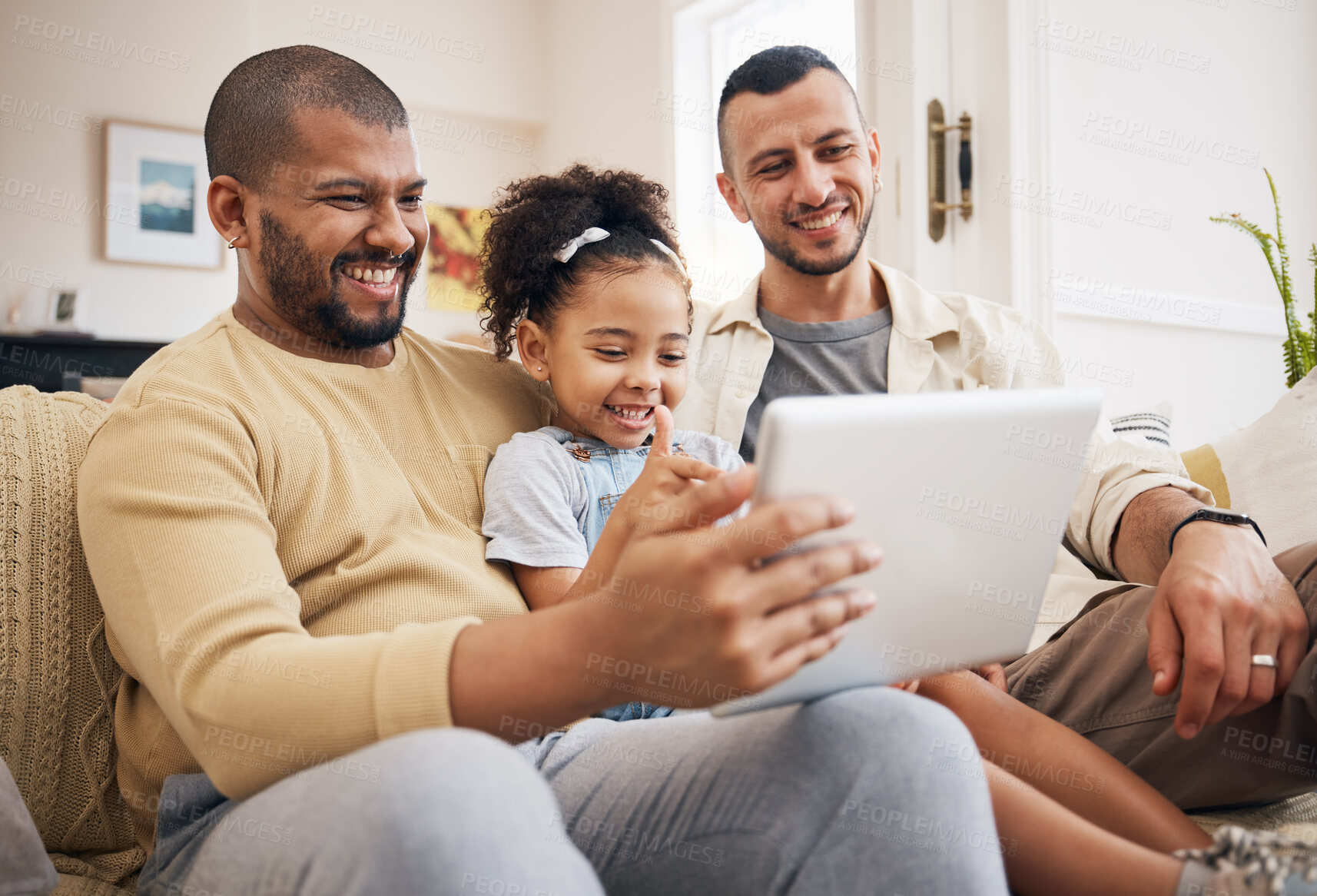 Buy stock photo Gay family, tablet and child on home sofa for learning, communication and education on internet. Adoption, lgbt men or parents with a happy kid and technology for streaming movies, games and videos