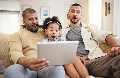 Buy stock photo Gay family, tablet surprise and child on home sofa for learning, communication and education on internet. Adoption, lgbt men or parents with kid and technology for streaming movies, game or wow video