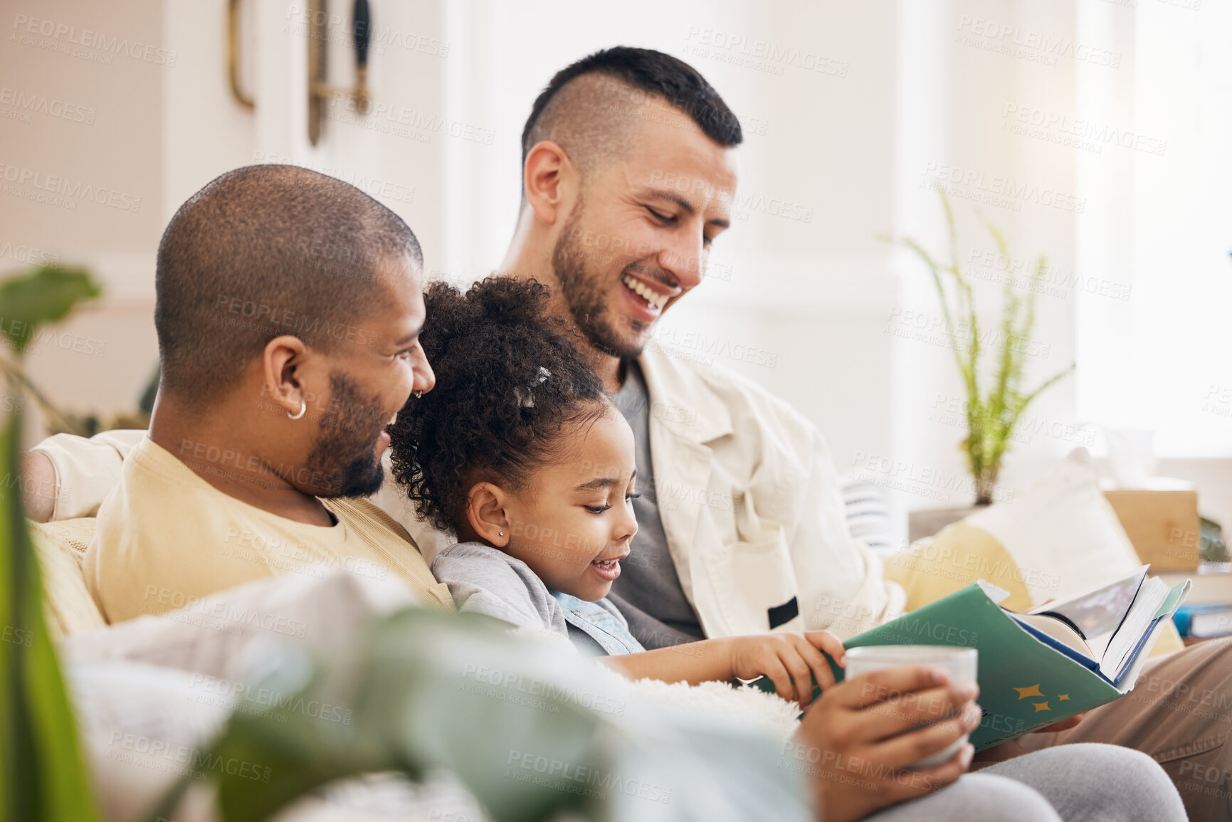 Buy stock photo Gay couple, girl and reading book on sofa with smile, bonding and love in story in living room together. Happiness, lgbt men and child storytelling on couch in fantasy, learning and education in home