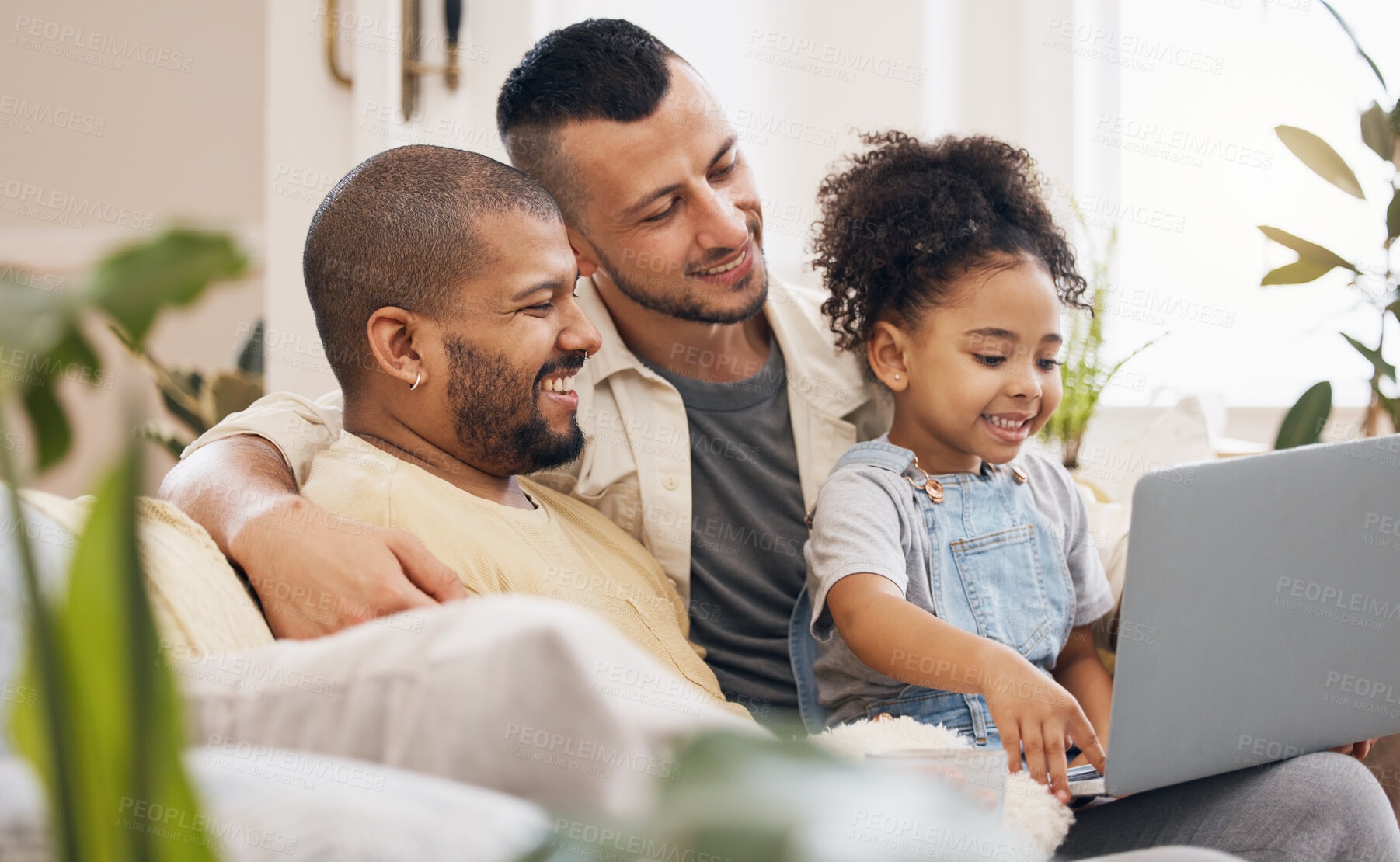 Buy stock photo Gay, parents and girl with a laptop, home and connection with love, streaming movies and bonding in a living room. People, family or dads with female child, kid and pc for cartoon or film in a lounge