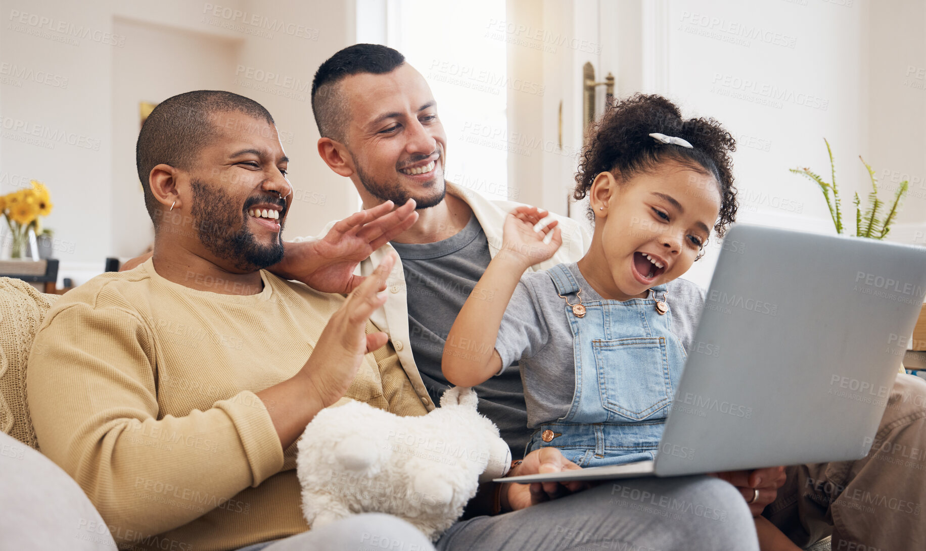 Buy stock photo Gay family, laptop and waving for video call on home sofa with a child for communication and internet. Lgbt men or parents with a girl kid and technology for streaming, connection and happiness