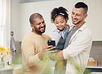 Selfie, blended family and a girl with her gay parents in the kitchen together for a social media profile picture. Adoption photograph, smile or love and a daughter with her lgbt father in the home