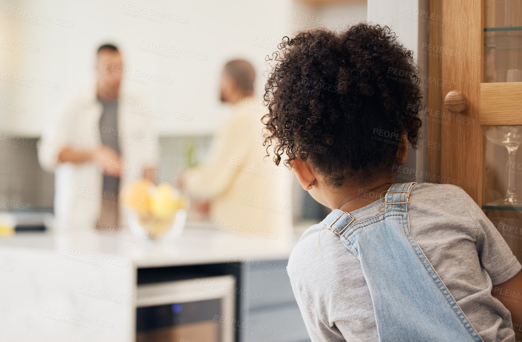 Buy stock photo Divorce, gay couple and girl child watching parents argue in kitchen with stress, worry or fear at home. Family, crisis and homosexual men dispute foster kid custody, affair or conflict in house