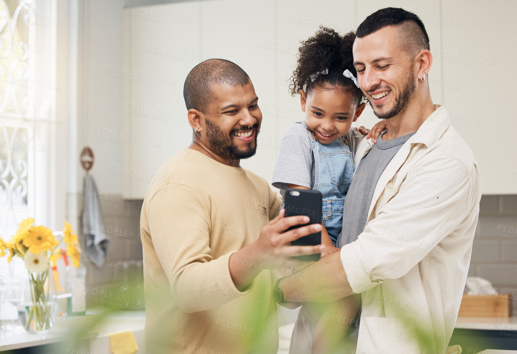 Buy stock photo Selfie, blended family and a girl with her lgbt parents in the kitchen together for a social media profile picture. Adoption photograph, smile or love and a daughter with her gay father in the home