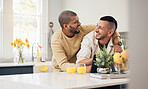 Lgbtq, gay and couple hug in kitchen for bonding, happiness and relax together at home. Love, dating and men embrace, laughing and happy in apartment for funny conversation, talking and affection