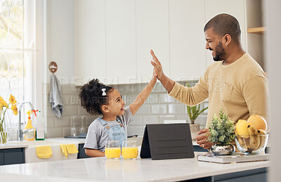 Buy stock photo Dad, girl and high five for learning on tablet in home, kitchen and online, app or education games on tech in living room. Happy, black family or father with support in success, achievement or growth