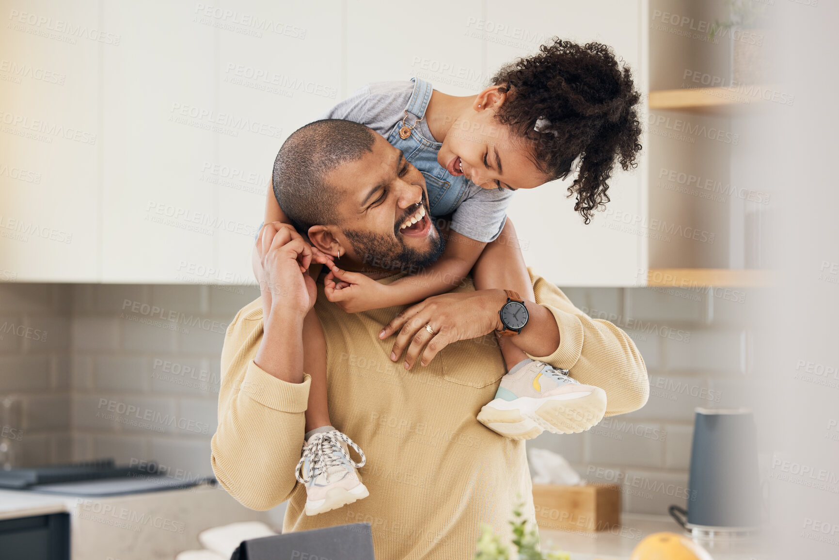 Buy stock photo Happy family, hug and father and girl child in a kitchen with piggyback, games and fun, breakfast and laugh at home. Love, smile and parent with kid embrace, playful and bonding in a house on weekend