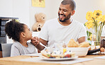 Home, father and girl with breakfast, smile and conversation with bonding, love and nutrition. Start the day, happy family and dad with female child, kid and healthy meal with fun, diet and food