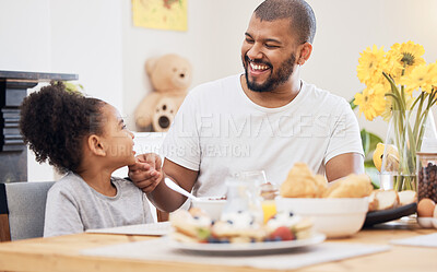 Buy stock photo Home, father and girl with breakfast, smile and conversation with bonding, love and nutrition. Start the day, happy family and dad with female child, kid and healthy meal with fun, diet and food