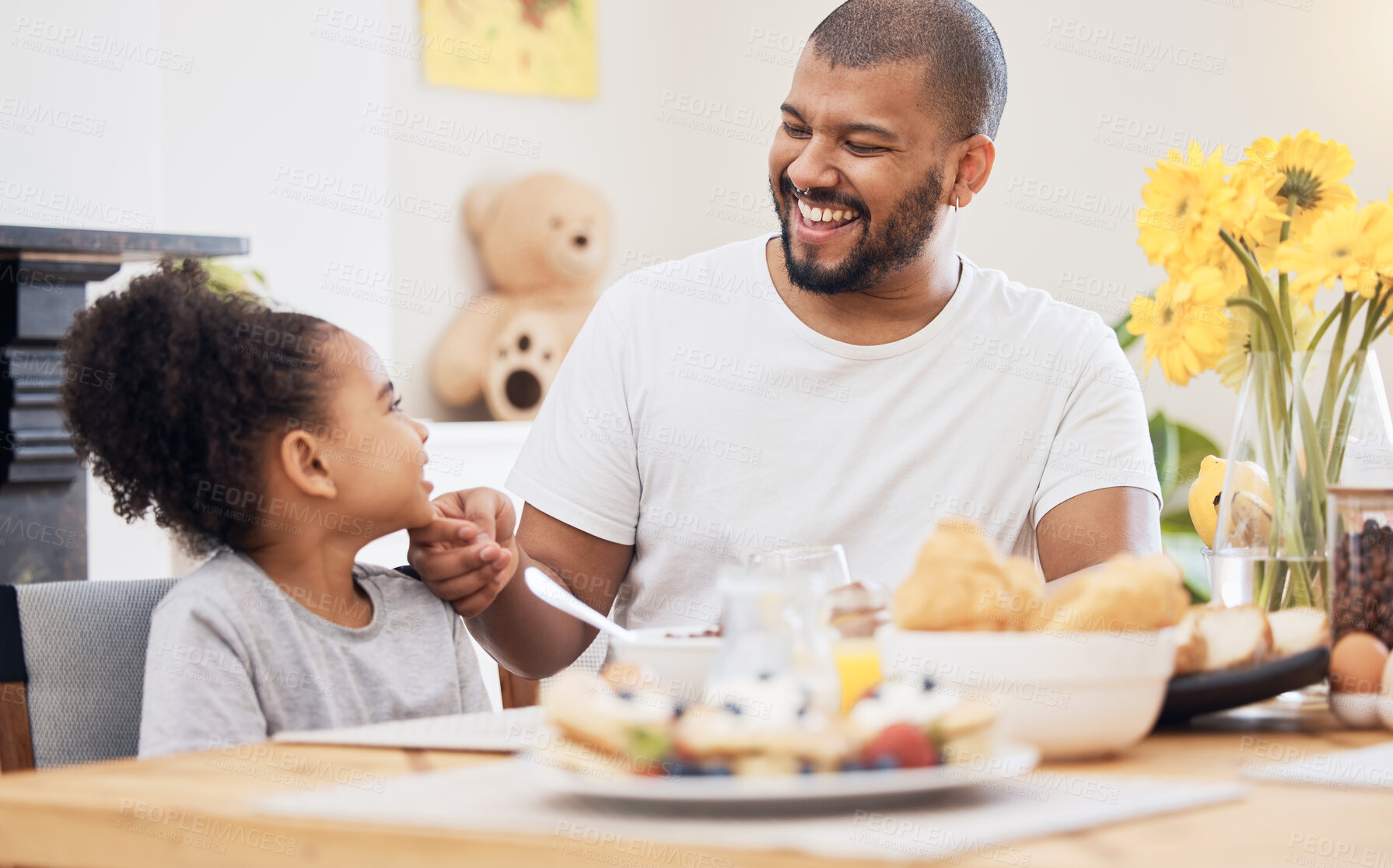 Buy stock photo Home, father and girl with breakfast, smile and conversation with bonding, love and nutrition. Start the day, happy family and dad with female child, kid and healthy meal with fun, diet and food