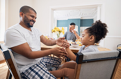 Buy stock photo Gay couple, breakfast and happy family child playing, bond and have fun with queer dad, bisexual papa or home parents. Morning, adoption or homosexual father smile for playful child, girl or daughter