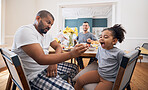 Gay couple, breakfast and father feeding child meal, food or morning cereal for youth development in home dining room. Family bond, adoption or homosexual father smile for hungry kid girl eating