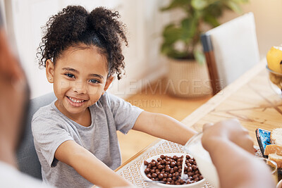 Buy stock photo Portrait, breakfast cereal and happy family kid smile for morning food, wellness and parent pour milk liquid. Home dining room, happiness and young child, youth girl and hungry for meal