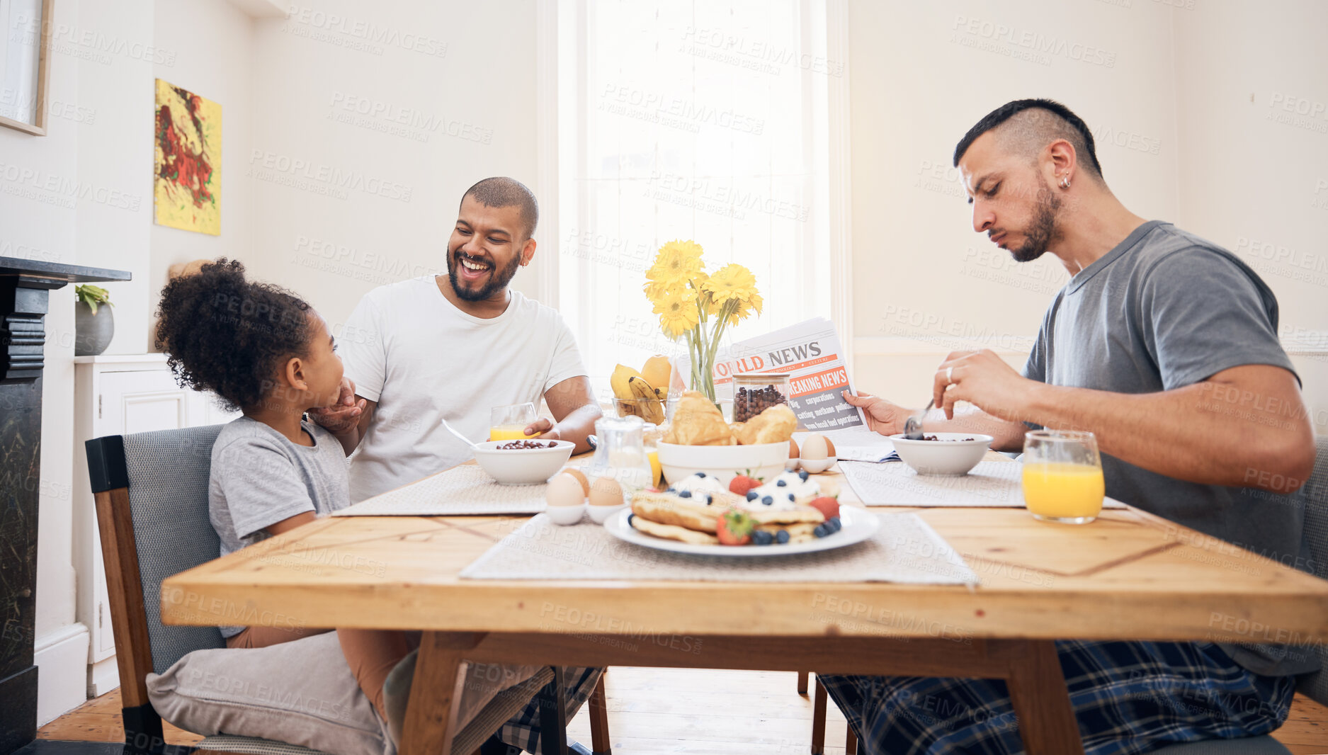 Buy stock photo Gay couple, morning breakfast and happy family child bonding with queer dad, bisexual papa or non binary parents. LGBTQ, adoption or homosexual father smile for hungry child, girl or daughter at home