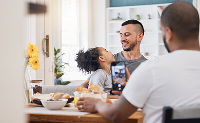 Buy stock photo Father, phone screen and photography with girl, breakfast and happy with gay parents, post or memory for blog. Men, daughter and smartphone with profile picture, eating or social media in family home