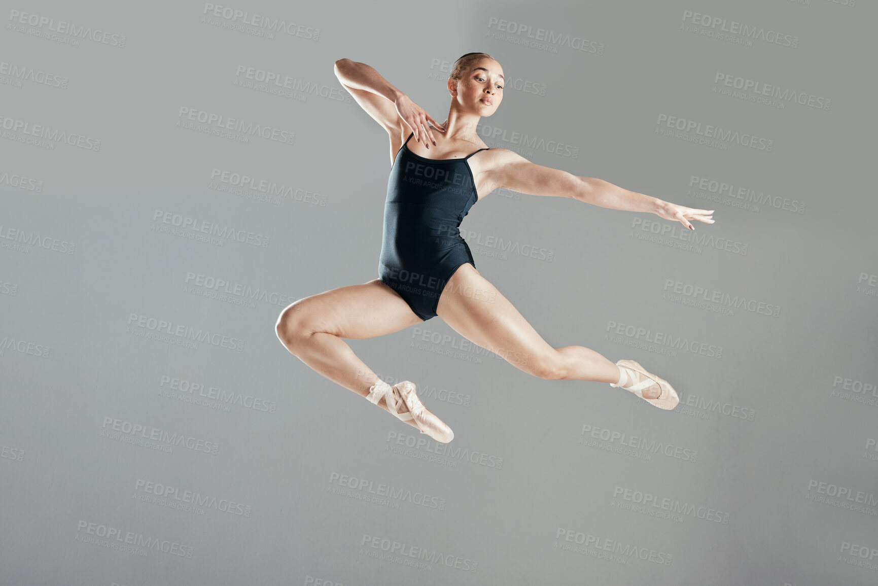 Buy stock photo Jump, ballet or woman in studio on mockup space for wellness, creative or artistic performance. Talent, dancer or girl ballerina dancing or training to exercise in practice motion on white background