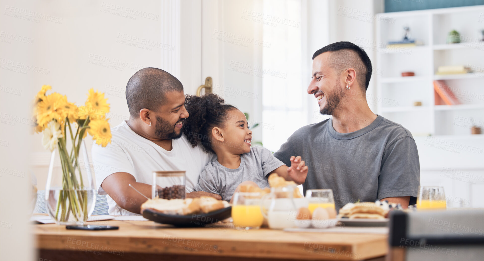 Buy stock photo Happy, gay men and family at breakfast together in the dining room of their modern house. Smile, bonding and girl child eating a healthy meal for lunch or brunch with her lgbtq dads at home.