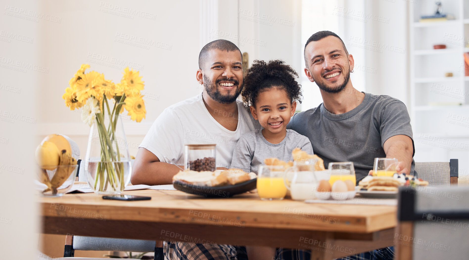 Buy stock photo Gay men, portrait and family at breakfast together in the dining room of their modern house. Smile, bonding and happy girl child eating a healthy meal for lunch or brunch with her lgbtq dads at home.