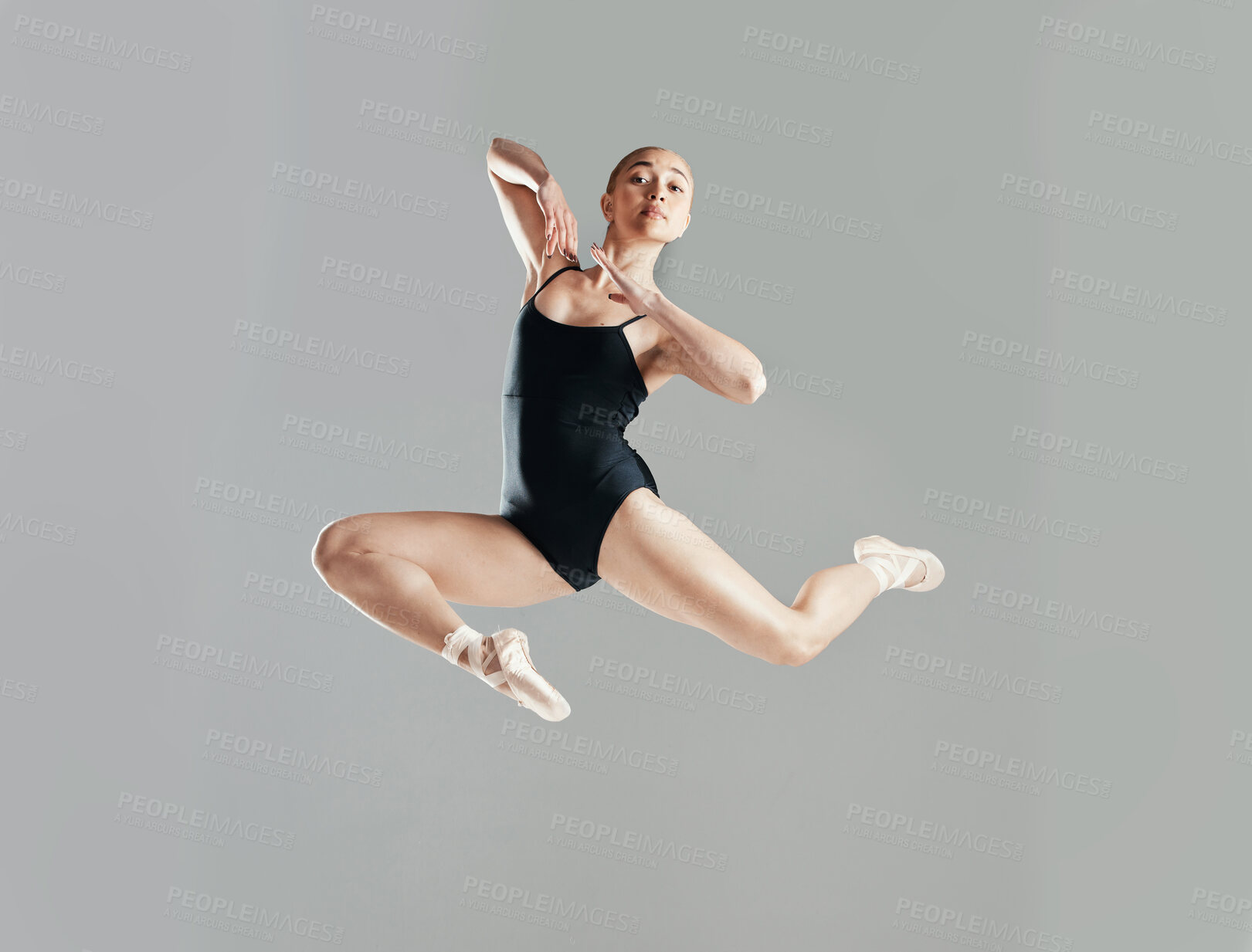 Buy stock photo Jump, ballet or girl in studio on mockup space for wellness, balance or artistic performance. Talent, dancer or woman ballerina dancing or training to exercise in practice motion on white background