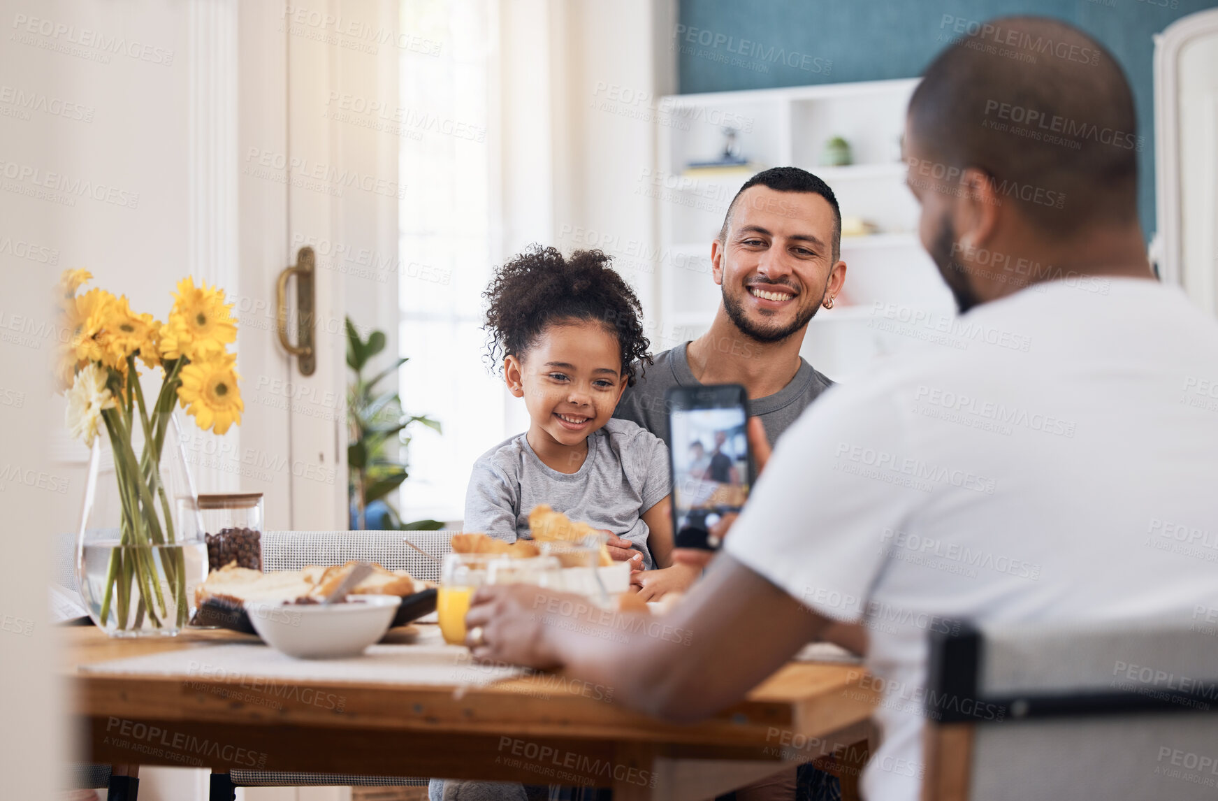 Buy stock photo Cellphone, lunch or photo of gay couple, kid and memory picture of bonding happy family in home dining room. Smartphone, photography or child smile with bisexual, queer or non binary dad in apartment