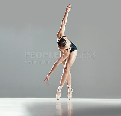 Buy stock photo Mockup, space or woman ballet dancing or moving for wellness, balance or creative performance. Studio, dancer or girl ballerina training to exercise body or practice routine on white background 