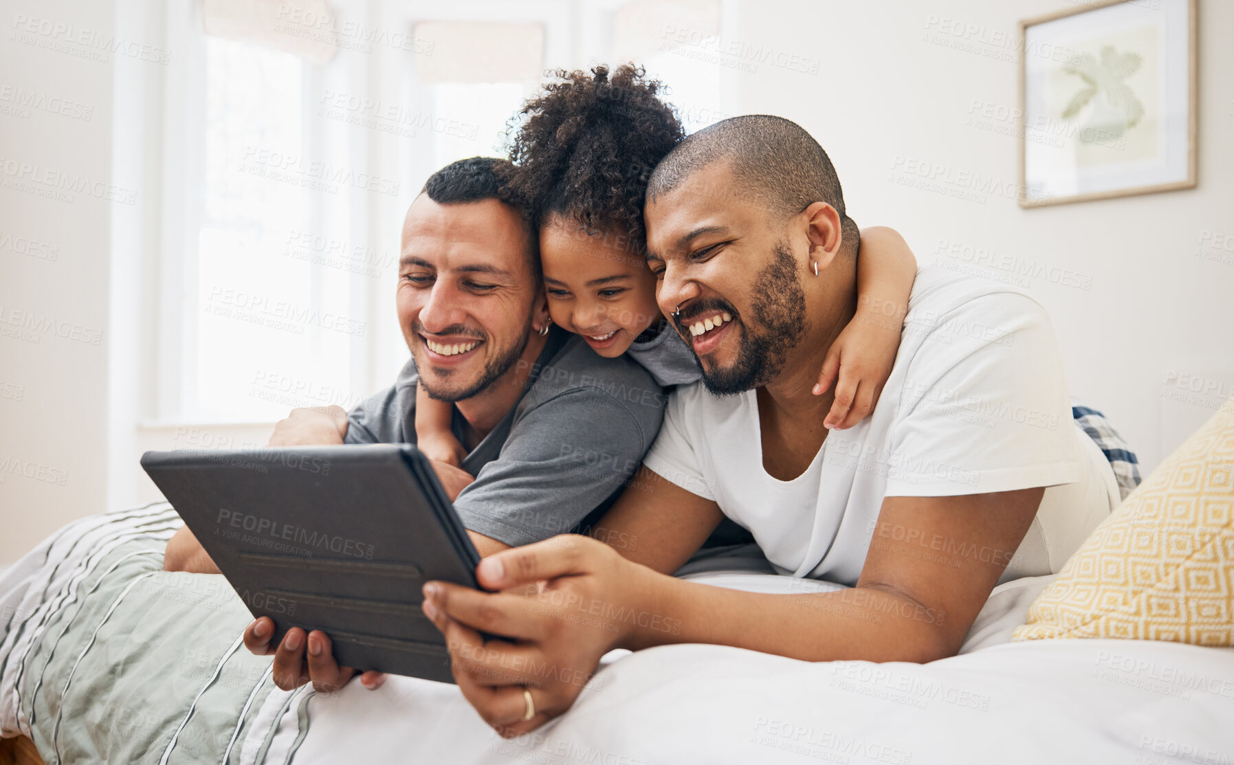 Buy stock photo Child, gay family and tablet on bed at home for e learning, watch video and education on internet. Adoption, lgbt men or parents with happy kid and technology for streaming movies, games or funny app