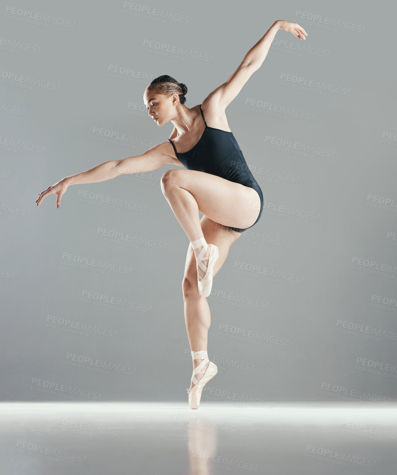 Buy stock photo Dance, ballet or woman in studio on mockup space for wellness, balance or creative performance. Artist, dancer or girl ballerina training body to exercise or practice routine on white background 