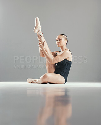 Buy stock photo Portrait, ballet or woman stretching legs on studio mockup space for body flexibility, workout or performance. Warm up dancer or girl ballerina training in exercise for fitness on white background