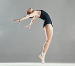 Mockup, balance or girl ballet dancing for fitness, art or creative freedom performance in studio. Space, dancer or woman ballerina training to exercise body or practice skill on white background