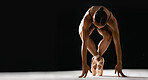 Ballet performance, studio and woman dance in creative recital, mockup stage or training for talent show, exhibition or competition. Balance, dancer and ballerina practice routine on black background