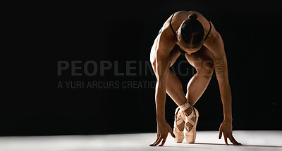 Ballet performance, studio and woman dance in creative recital, mockup stage or training for talent show, exhibition or competition. Balance, dancer and ballerina practice routine on black background