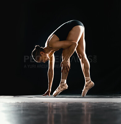 Buy stock photo Ballet, woman or dancer with training, talent or performance on a dark studio background. Female performer, ballerina or artist with technique, prepare for a show and creative with fitness and pose