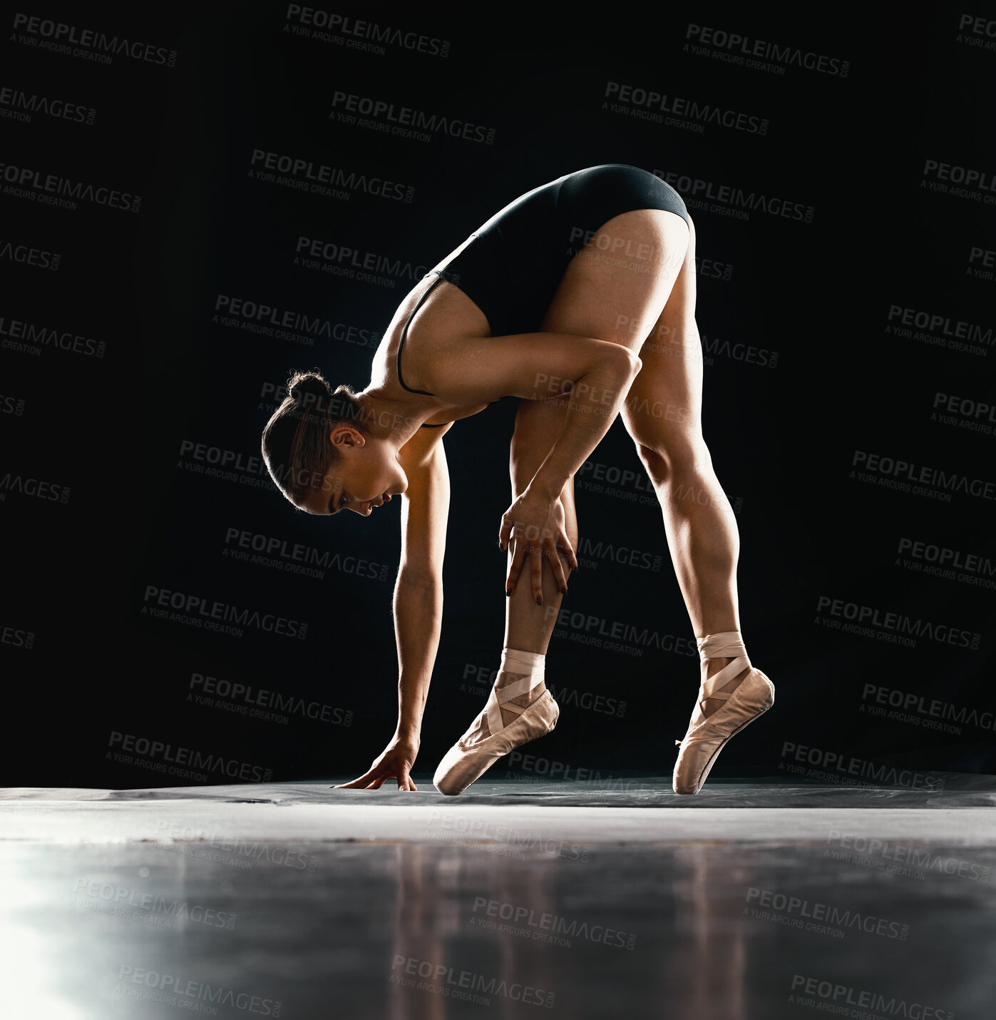 Buy stock photo Ballet, woman or dancer with training, talent or performance on a dark studio background. Female performer, ballerina or artist with technique, prepare for a show and creative with fitness and pose