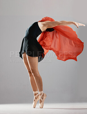 Buy stock photo Ballet, woman or dancer training, fabric and performance on a white studio background. Female performer, ballerina and girl with technique, practice routine and elegant art with creative or exercise